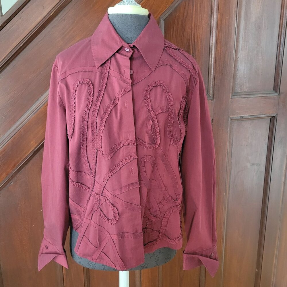 Coldwater Creek Womens PL Maroon Button-Up Shirt With Ruffle Design Cotton & Pol
